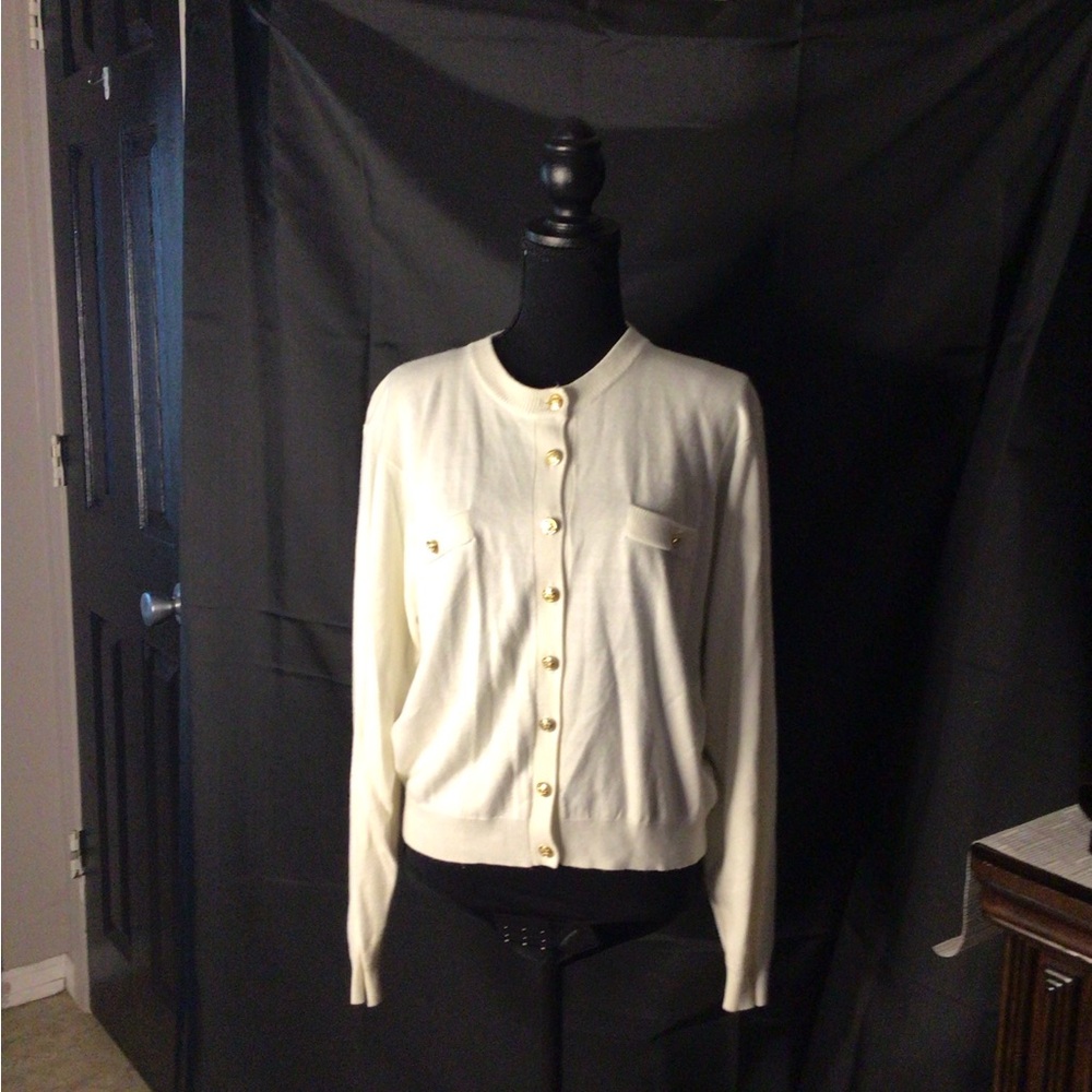 #895.  Kerry Kelsey White Cardigan with Gold Button